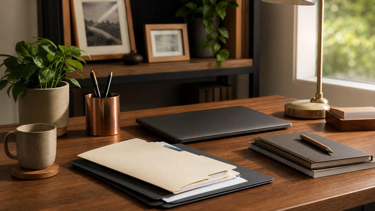 A warm desk setup with folders, a closed laptop, and organized planning materials.