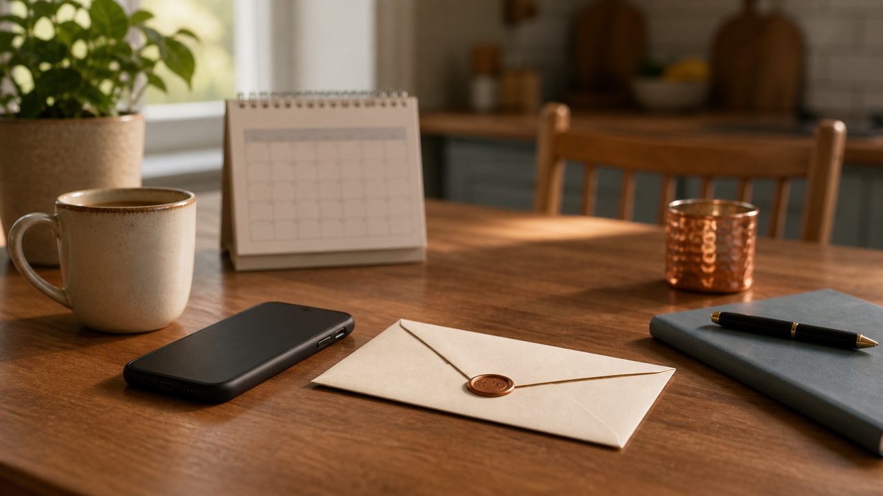 A quiet table with a blank envelope, calendar, phone, and soft morning light.