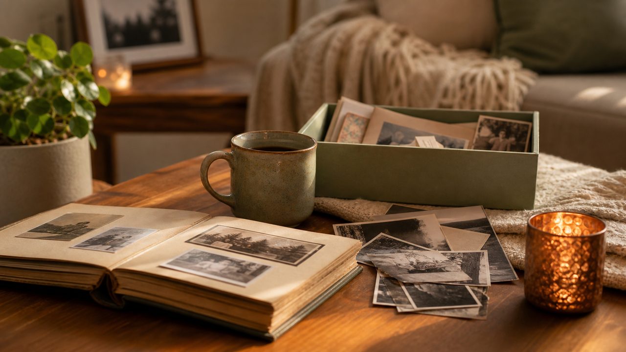 A box of family photos and keepsakes arranged on a cozy living room table.