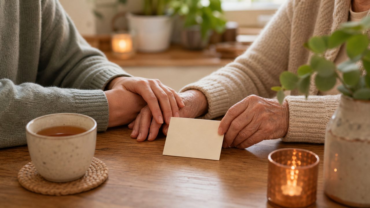 Two generations holding hands beside a blank card on a warm kitchen table.