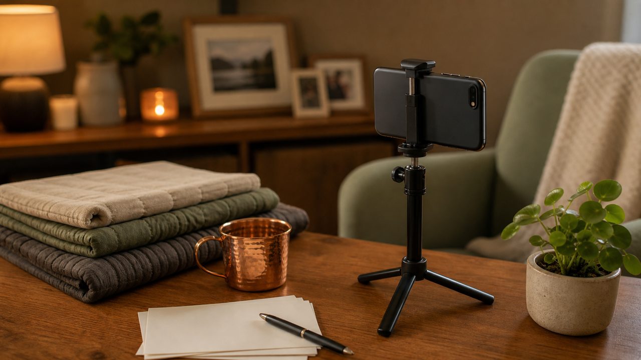 A simple home recording setup with a phone on a stand, blankets, and note cards.
