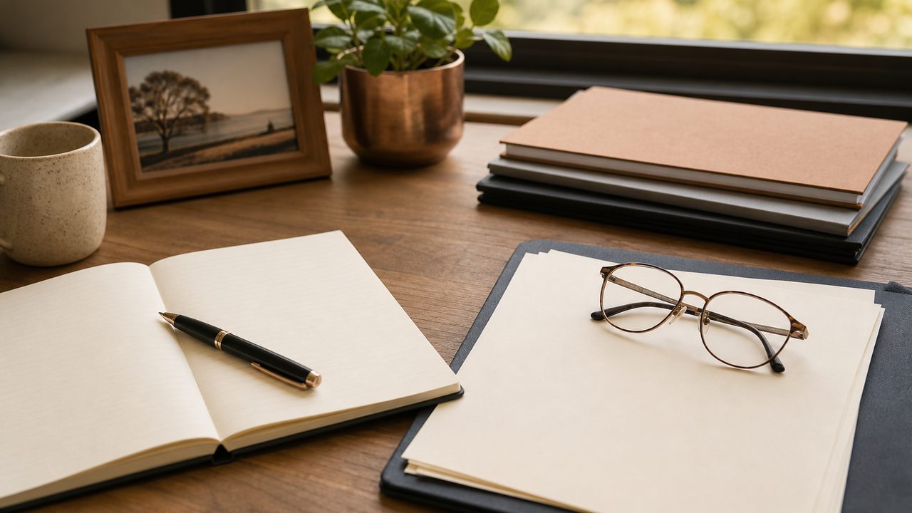 Blank documents, a pen, and reading glasses arranged on a tidy planning desk.