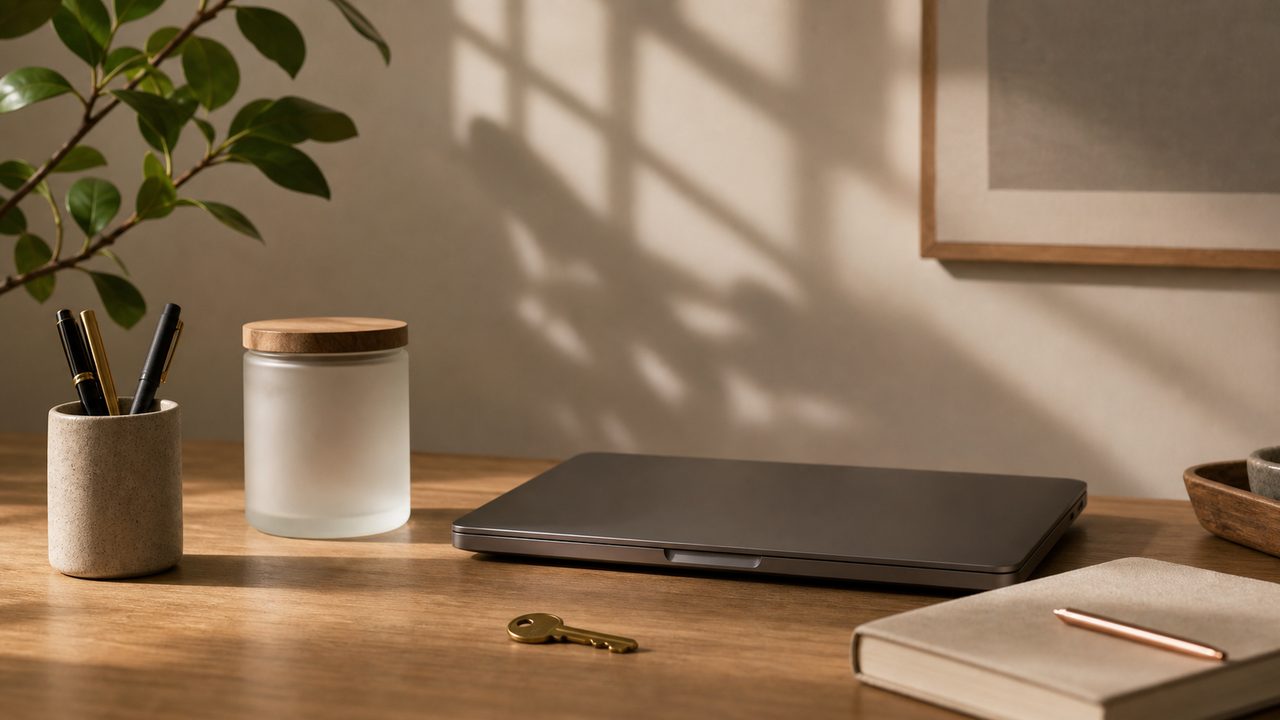 A calm bedside table with a blank card, water glass, framed photo, and soft light.