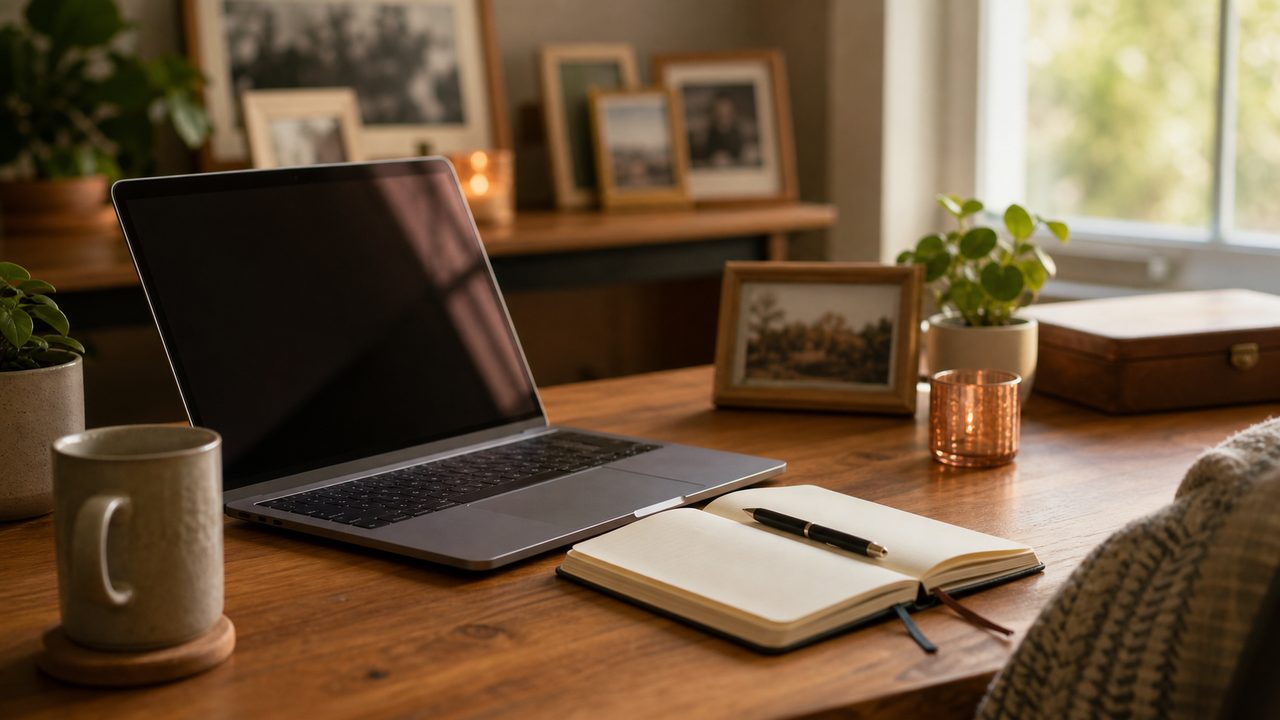 A warm home desk with a laptop, blank notebook, family frames, and window light.
